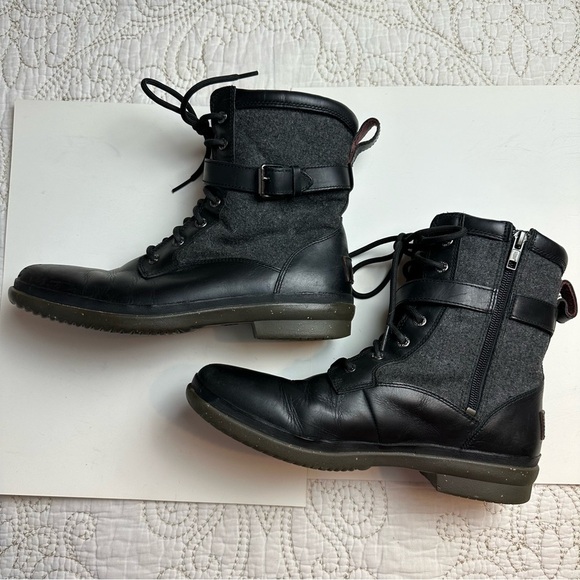 UGG black leather and felt lace-up winter boots sz 10 - Picture 2 of 8